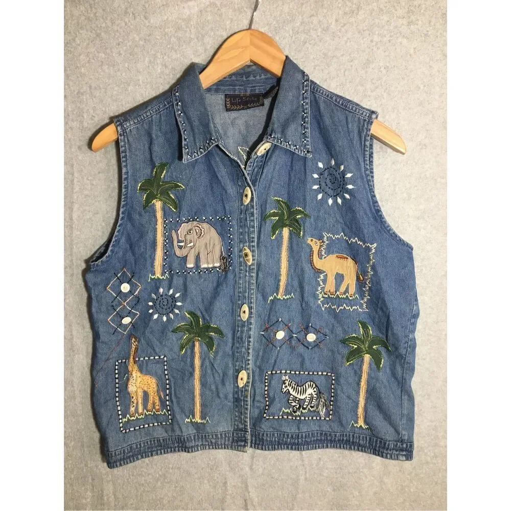 Womens Lifestyle Vest Denim Animals Zoo Elementary School Teacher Embroidery
